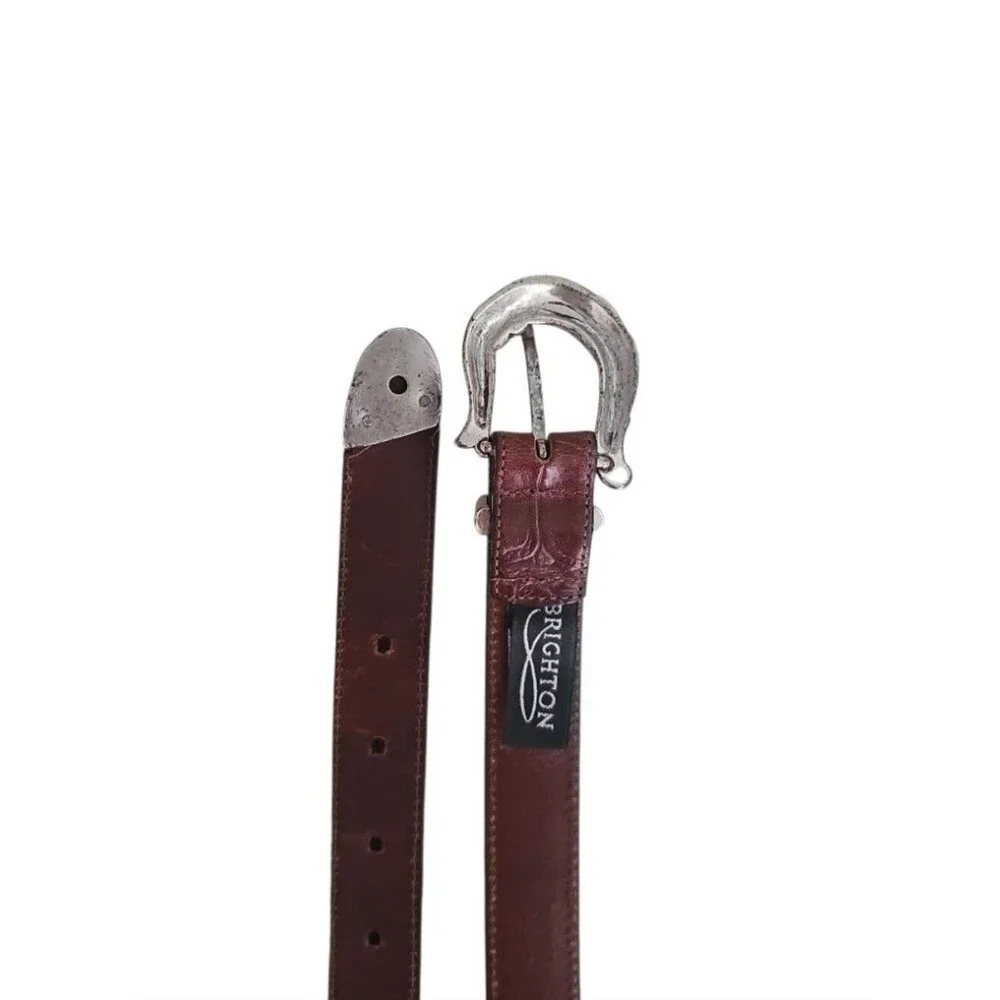 Brighton Vintage Leather Belt Women’s M Brown Silver Scroll Buckle Western USA